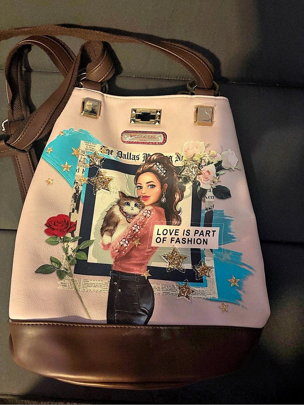 Nicole Lee Illustrated Convertible Backpack in Pink & Brown